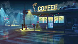 Neon Lit Coffee Shop Nighttime Wallpaper