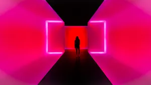 Neon Lit Corridorwith Figure Wallpaper