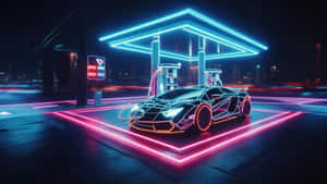 Neon Lit Futuristic Carat Gas Station Wallpaper