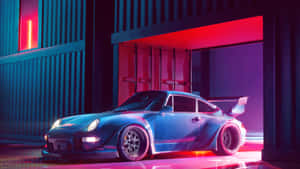 Neon Lit R W B Porsche Night Scene Wallpaper