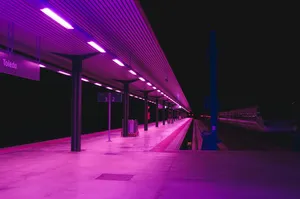 Neon Lit Train Stationat Night Wallpaper