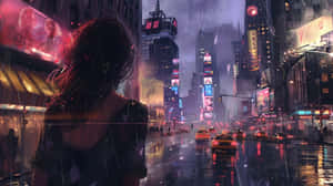 Neon Night Rainy Downtown Walk Wallpaper