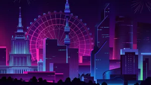 Neon Purple 4k City Ferris Wheel Wallpaper