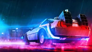 Neon Rain Delorean Time Travel Wallpaper