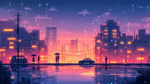 Neon Rainy Cityscape Wallpaper Wallpaper