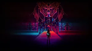 Neon Temple Guardian Artwork Wallpaper