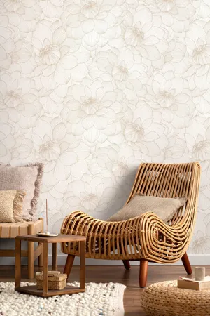 Neutral Floral Wallpaperwith Rattan Chair Wallpaper