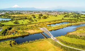 New Plymouth Aerial Viewwith Mount Taranaki Wallpaper