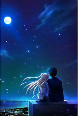 Night Anime Couple With Blue Moon Wallpaper