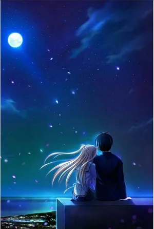 Night Anime Couple With Blue Moon Wallpaper