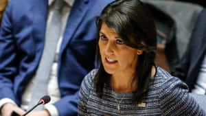 Nikki Haley Posing In A Chic Gray Top Wallpaper