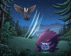 Noctowl Versus Gengar Pokemon Battle Wallpaper