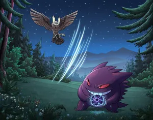 Noctowl Versus Gengar Pokemon Battle Wallpaper