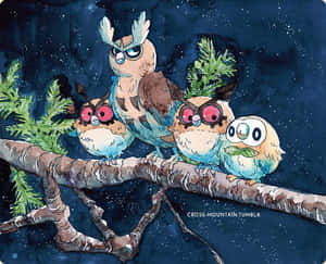 Noctowland Rowlet Family Illustration Wallpaper