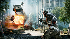 Nomad Blowing Up A Vehicle Crysis Remastered Wallpaper