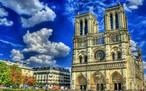 Notre Dame Cathedral With Tourists Lined Up Wallpaper