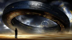 Observer Before Colossal Alien Ring Gate And Distant Planet Wallpaper