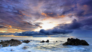 Ocean With Rocks Sunrise Nature Wallpaper