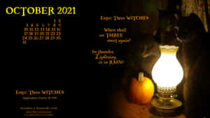 October 2021 Calendar With Cats And A Lamp Wallpaper