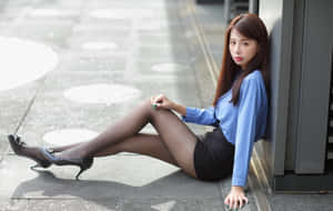 Office Thai Girl Sitting On Ground Wallpaper