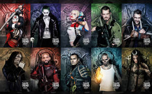 Official Suicide Squad Movie Poster Featuring The Team And Their Superpower Weapons Wallpaper