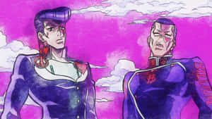 Okuyasu Nijimura From Jojo's Bizarre Adventure Posing Confidently Against A Bold Background Wallpaper