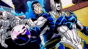 Okuyasu Nijimura Striking A Classic Pose Against A Vibrant Background Wallpaper