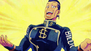 Okuyasu Nijimura Striking A Dynamic Pose In His Distinctive Outfit Against A Colorful Background Wallpaper