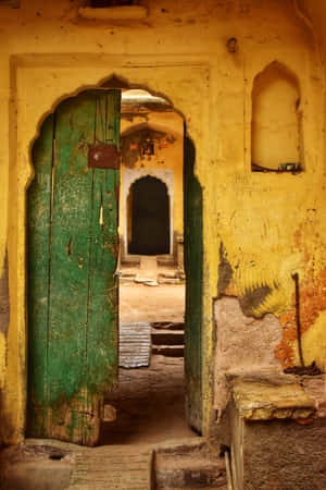 Old Green Open Door Wallpaper