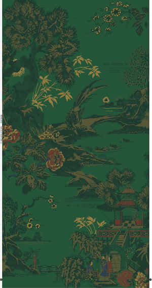 Olive Green Asian Garden Print Wallpaper
