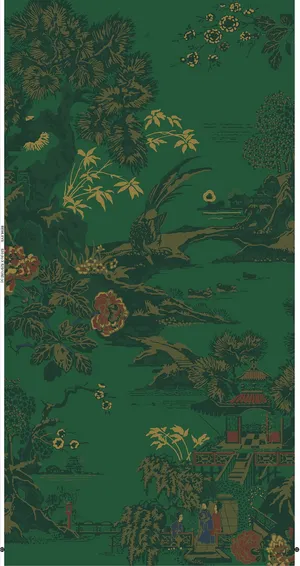 Olive Green Asian Garden Print Wallpaper