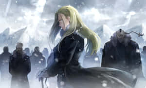 Olivier Mira Armstrong Standing Confidently In The Snow Wallpaper