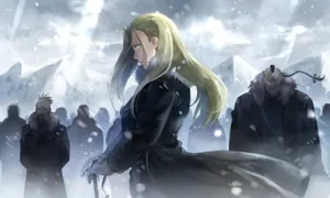 Olivier Mira Armstrong Standing Confidently In The Snow Wallpaper