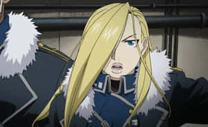 Olivier Mira Armstrong Standing Tall And Confident In Fullmetal Alchemist Wallpaper
