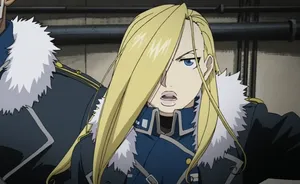 Olivier Mira Armstrong Standing Tall And Confident In Fullmetal Alchemist Wallpaper