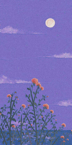 Orange Floral Painting Under Purple Night Sky Wallpaper