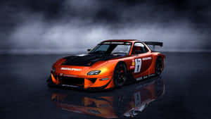 Orange Mazda Rx 7 On Smoke Background Wallpaper