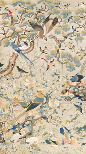 Oriental Bird And Floral Pattern Wallpaper