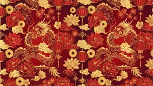Oriental Dragon Floral Pattern Wallpaper