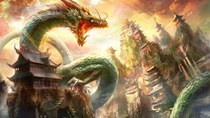 Oriental Green Dragon Art Wallpaper