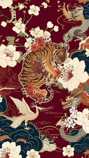 Oriental Tiger Dragon Pattern Wallpaper