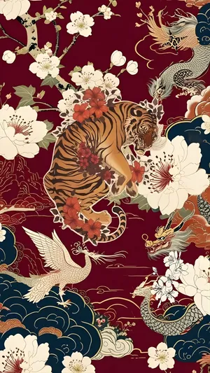 Oriental Tiger Dragon Pattern Wallpaper
