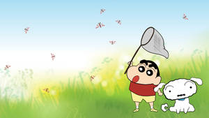 Oversized Shiro And Shin Chan Cartoon Wallpaper