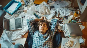 Overwhelmed Man Surroundedby Clutter Wallpaper