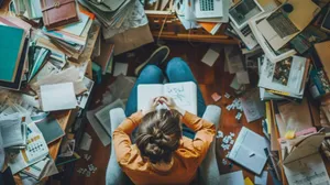 Overwhelmed Student Surroundedby Booksand Papers Wallpaper