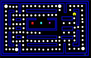 Pac-man Game With A Blue Background And White Dots Wallpaper
