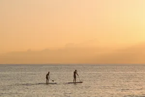 Paddleboarder Gliding On Calm Water During Sunset Wallpaper