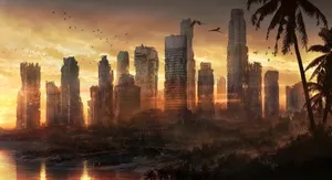 Palm Tree Sunset Apocalyptic City Wallpaper