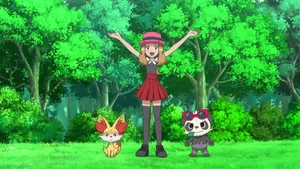 Pancham And Fennekin Beside Serena Wallpaper