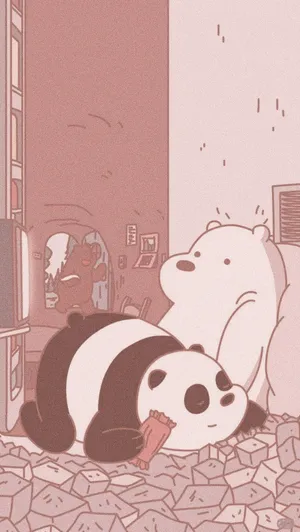Pandaand Bear Friends Indoor Mishap Wallpaper